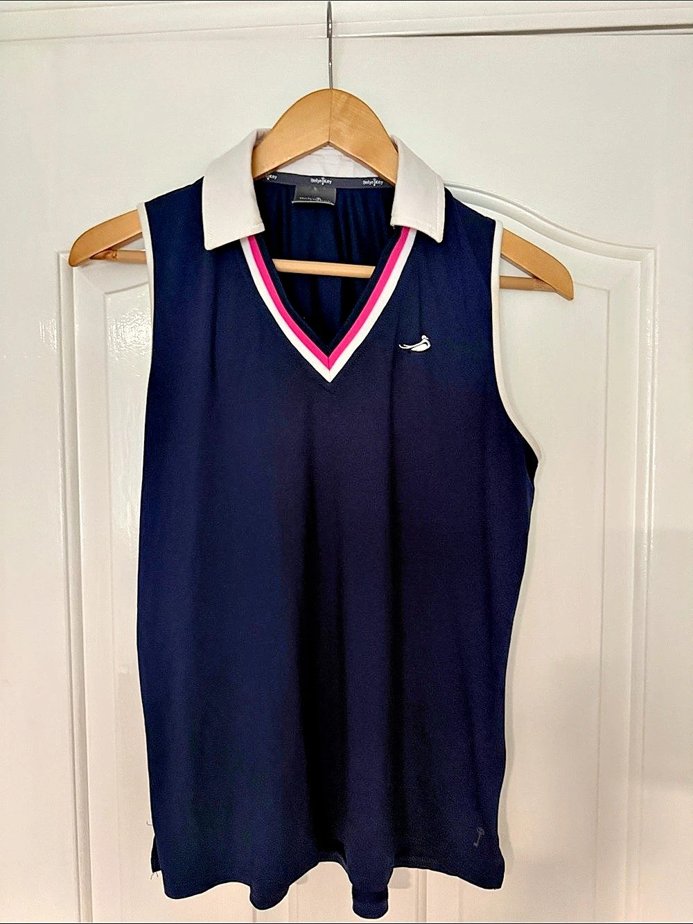 Belyn Key Sleeveless V-Neck Golf Polo25 in Blue Size Small